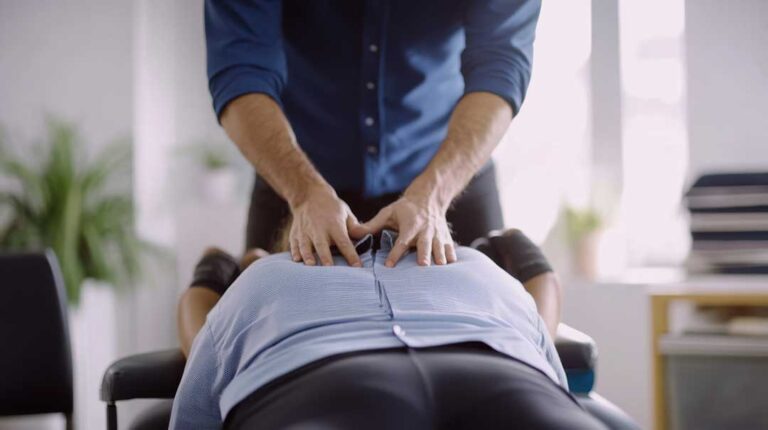 A chiropractor explains spinal health to a patient using a model spine in a comfortable office setting.